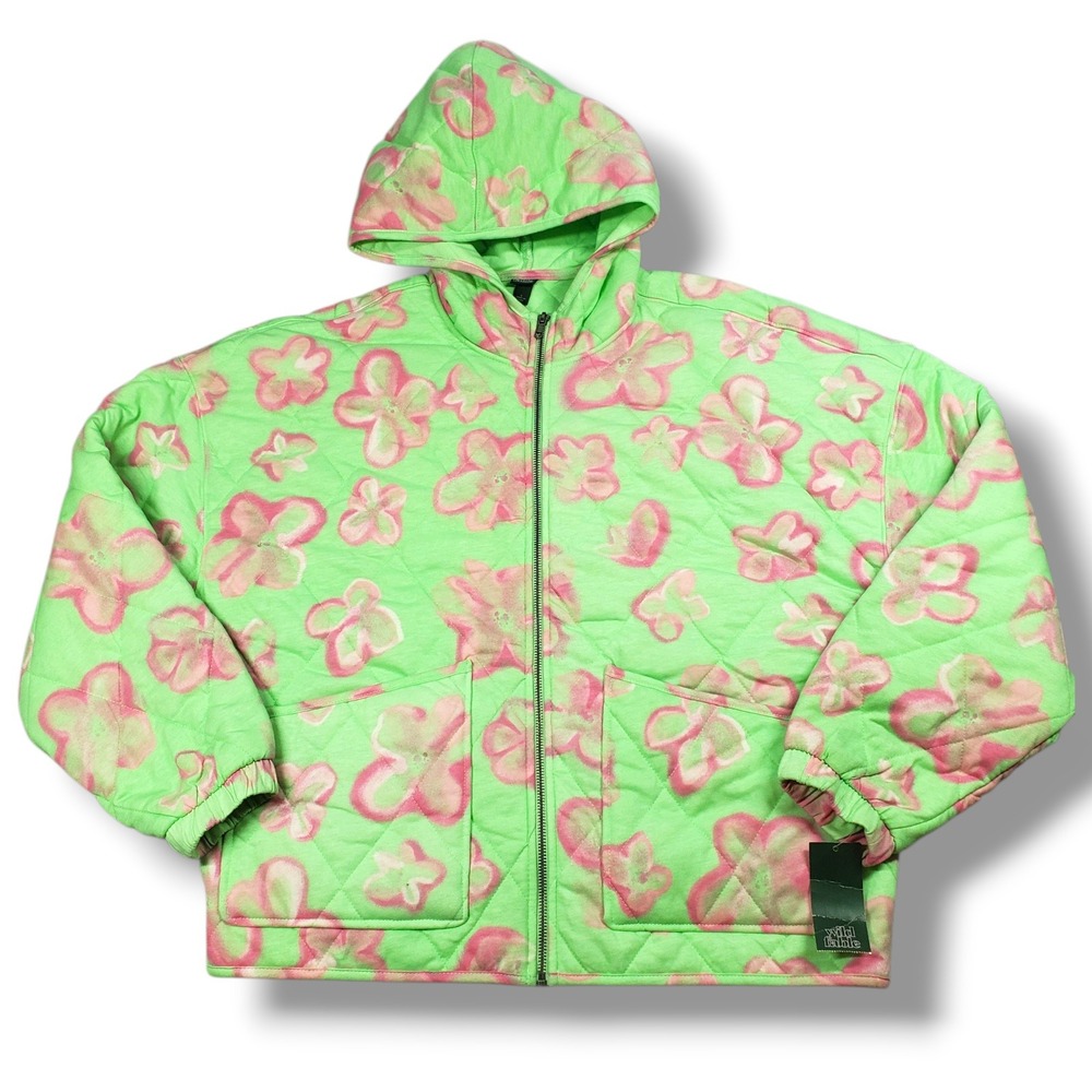Wild Fable Quilted Hooded‎ Bomber Jacket Womens L Green Pink Floral Art to Wear